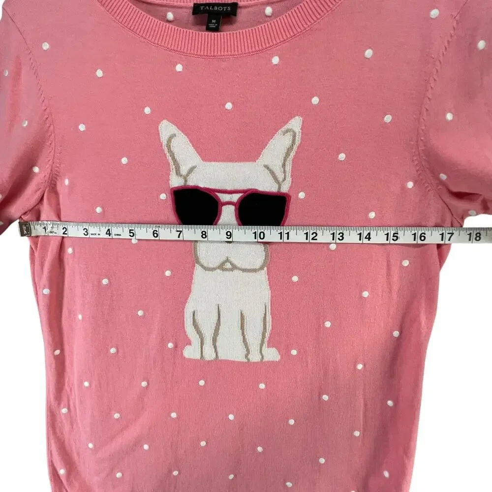 Talbots Sweater Womens M Pink Embroidered Novelty Dog Frenchie‎ Preppy Feminine